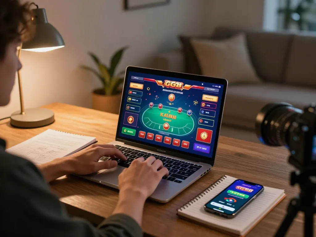 Person enjoying GG88 online casino gaming on laptop, showcasing poker strategy in a cozy home environment.