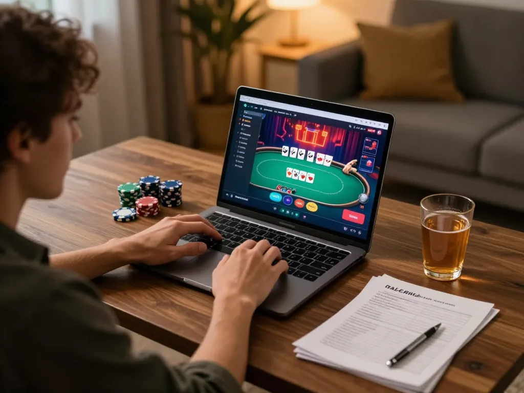 Engaging online poker gameplay experience with vmax strategy notes in a cozy home setup