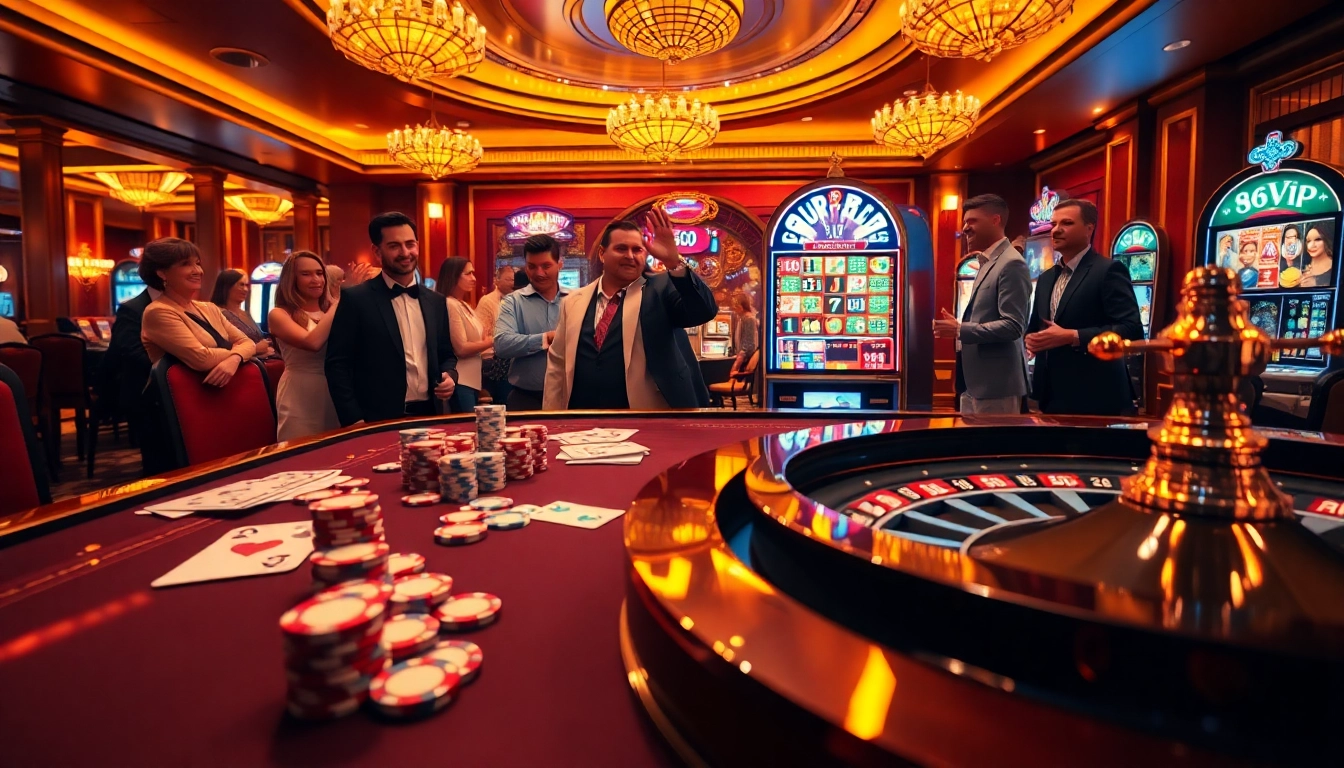 Players enjoying a thrilling game at 68VIP casino table with poker chips and cards.