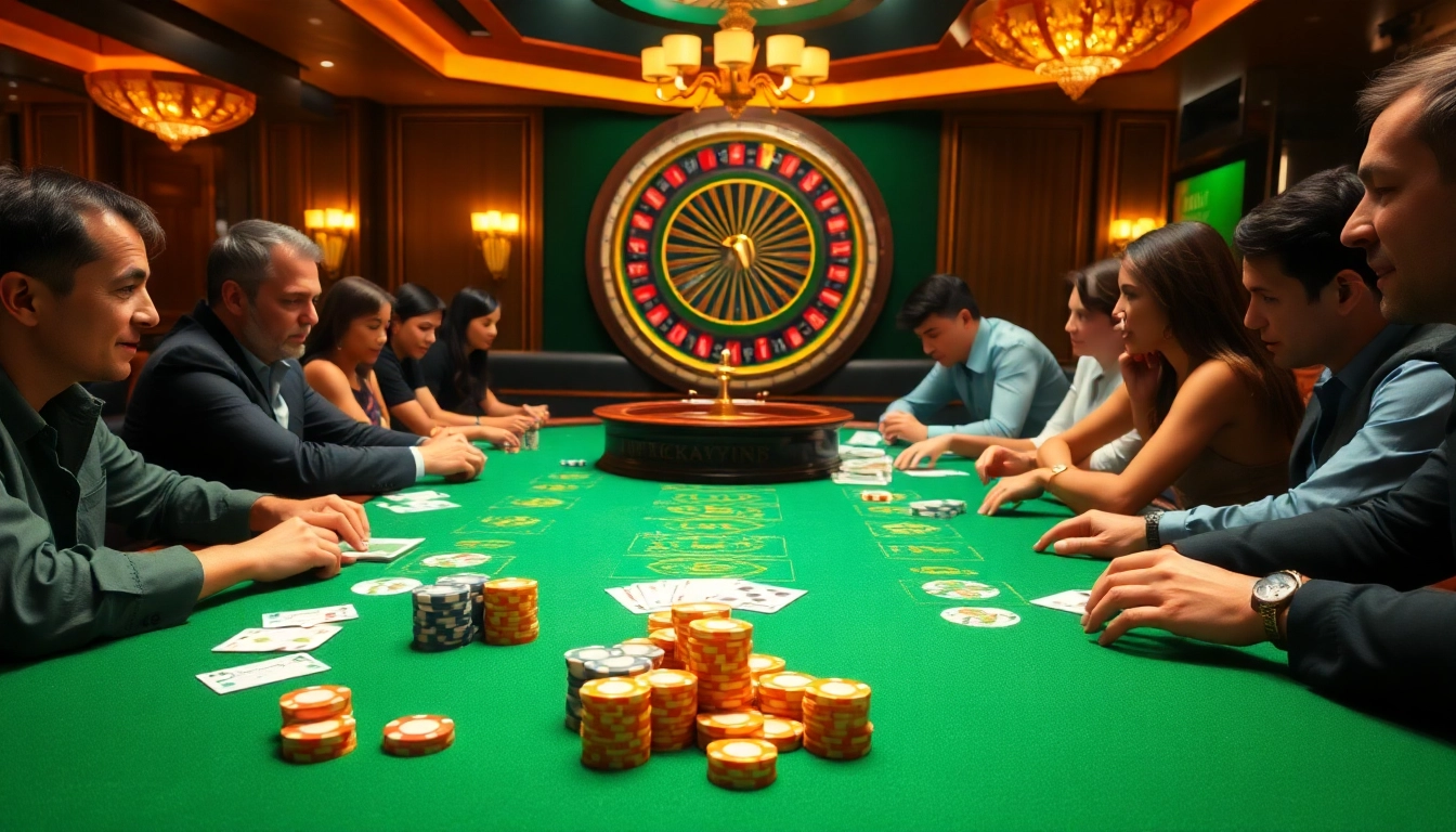 Exciting players engaging with a casino table showcasing Luckywin 777 themed games and elements.