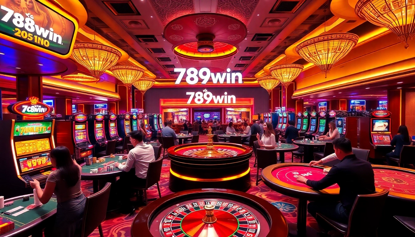 Tại 789win showcases an exciting casino scene with players, poker tables, and vibrant slot machines.