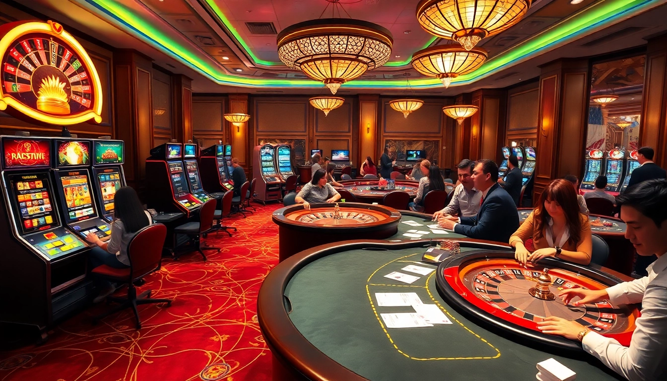 A vibrant casino scene featuring slot machines and poker tables, inspired by https://888vina.com/.