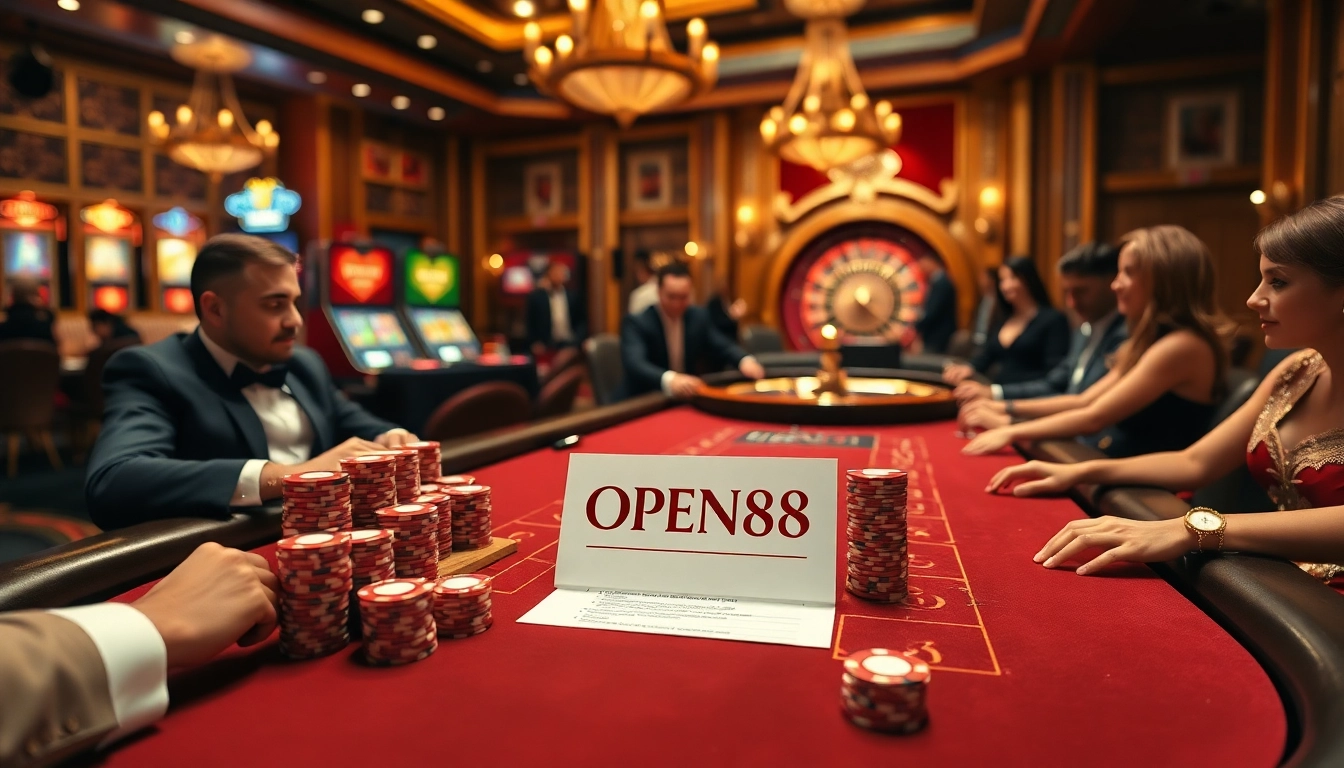 Experience the thrill of OPEN88 at a luxury casino with glamorous gaming tables and vibrant atmosphere.