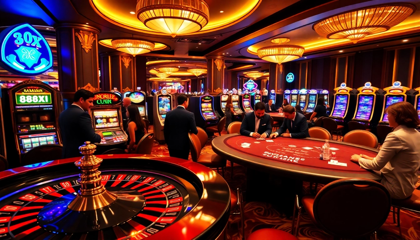 Players enjoying a thrilling roulette game at 88XX casino, surrounded by vibrant slot machines and poker tables.