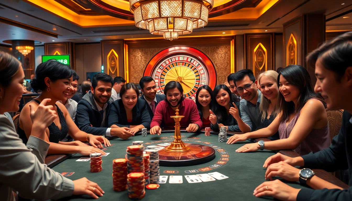M88 players engaging in a thrilling high-stakes poker game at a luxurious casino.