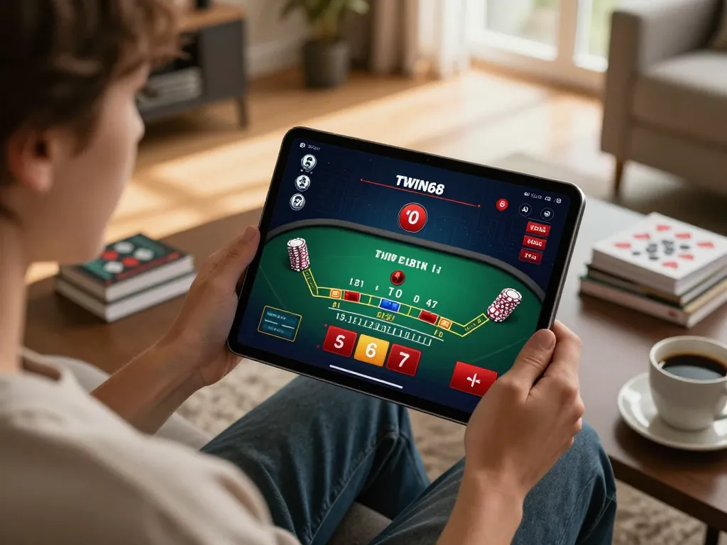 TWIN68 player enjoying blackjack on tablet, emphasizing strategic online gaming experience.