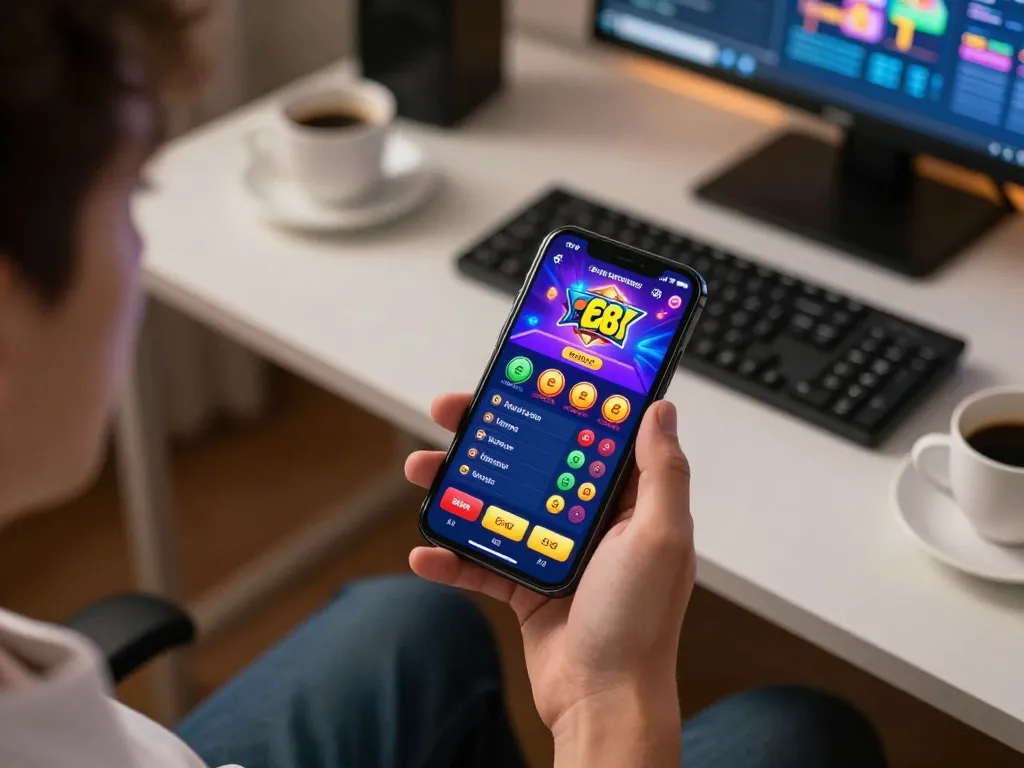 Player using the ee88 app on smartphone to place bets in a cozy home gaming setup