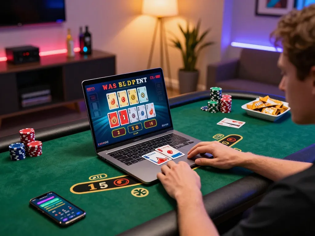 Engaging online gaming scene with nk88 on laptop, showcasing a live dealer blackjack game and cozy home decor