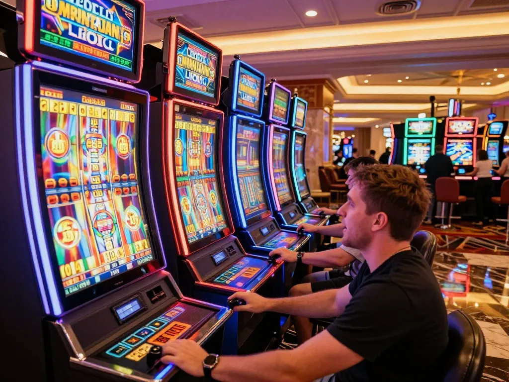 Player engaging with colorful slot machines while enjoying fooballl gaming experience in a vibrant casino