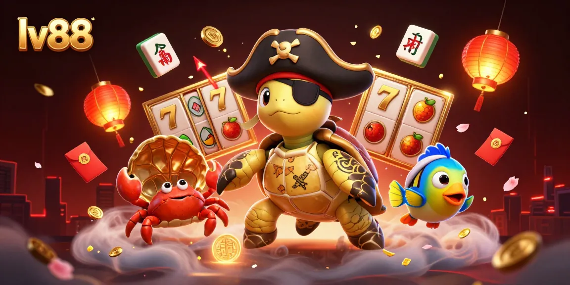Win big at lv88 with a 3D pirate turtle and vibrant casino elements in a rich illustration.