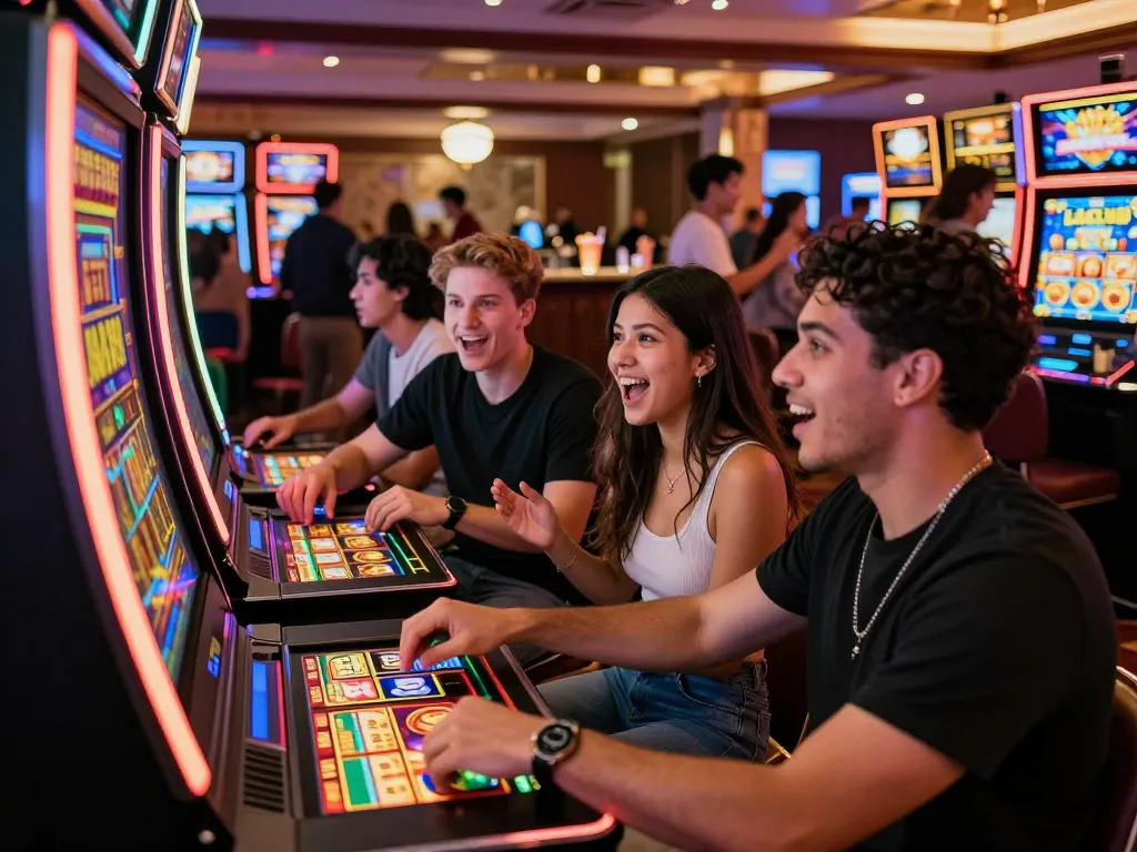 Group of friends enjoying the Lucky88 slot machine in a vibrant casino atmosphere