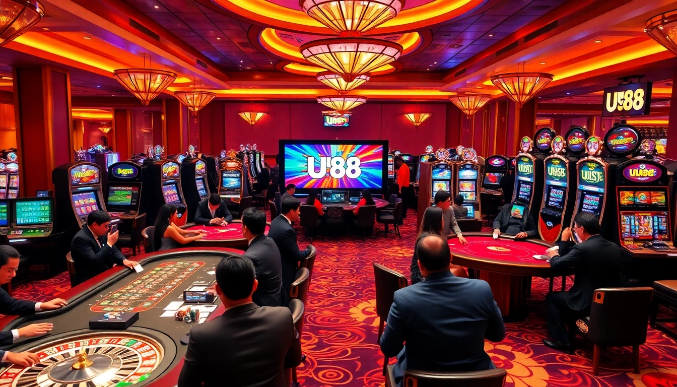 Experience the thrill of gambling with UU88 at a vibrant casino scene featuring games and excitement.