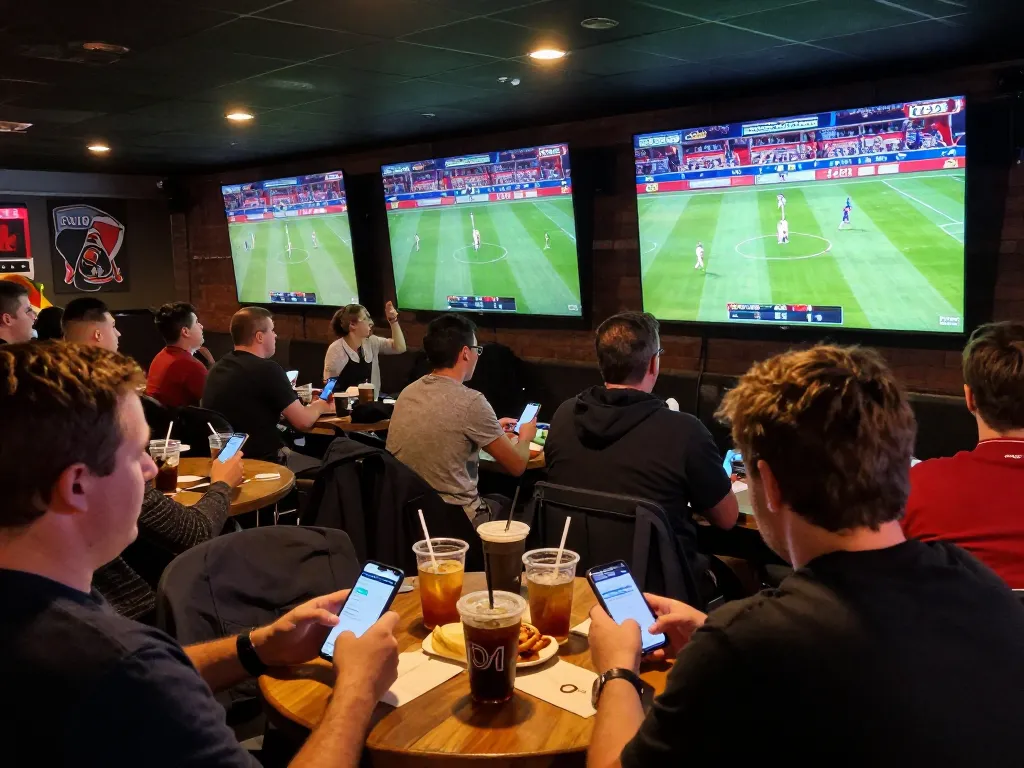 Engaged bettors using the 188 bet app during a live sports event.
