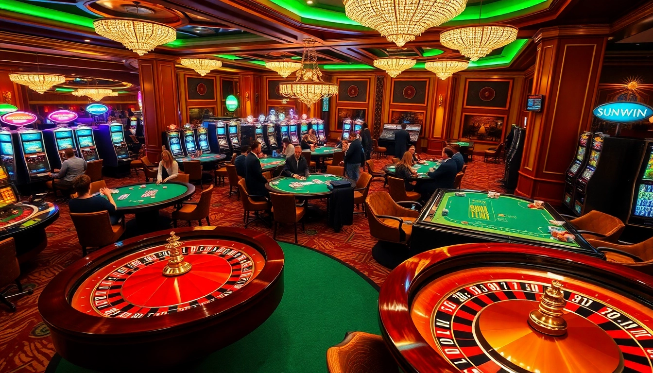 Experience the excitement of SUNWIN with vibrant tables and roulette wheel in a luxurious casino.