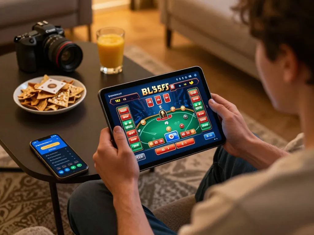 Engaging with BL555 online poker game on tablet from a cozy home, showcasing responsible gaming.