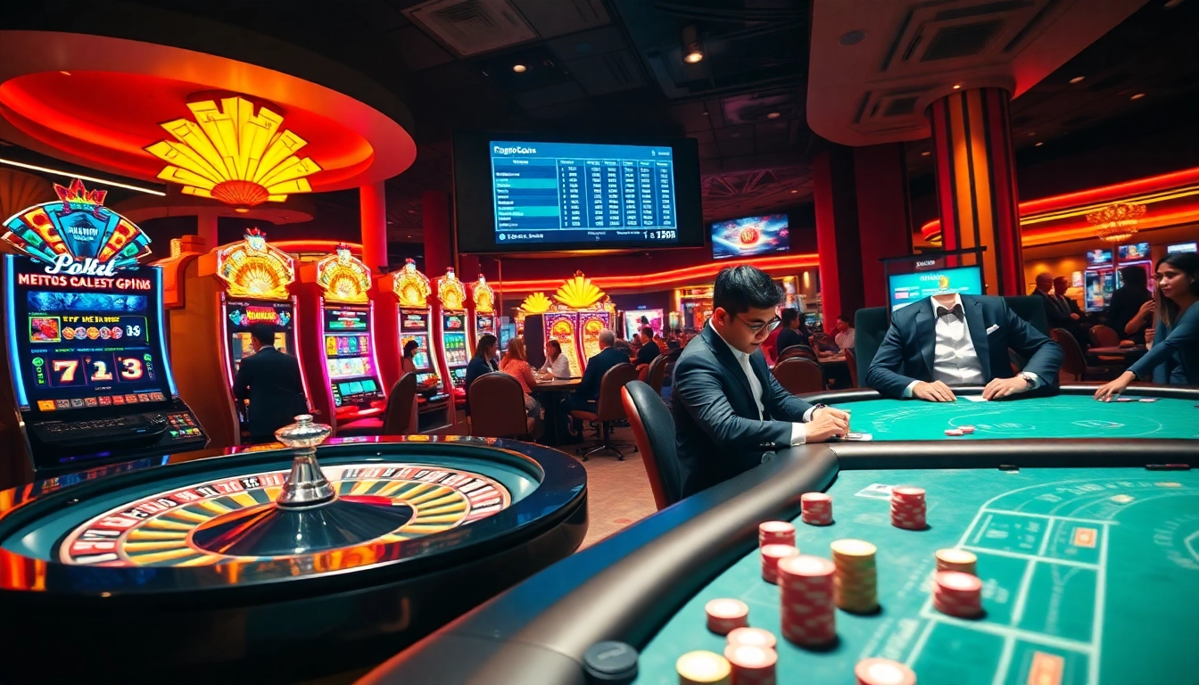 A thrilling gaming scene at https://8kbet8.asia/ showcasing players at roulette and blackjack tables, immersed in the gambling experience.