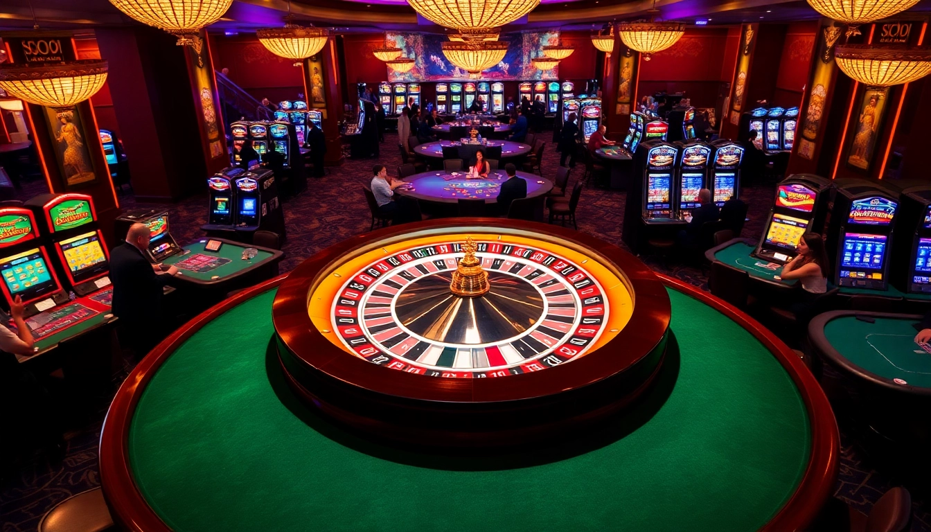 Experience the excitement of SODO CASINO with players enjoying roulette and poker tables in a luxurious setting.
