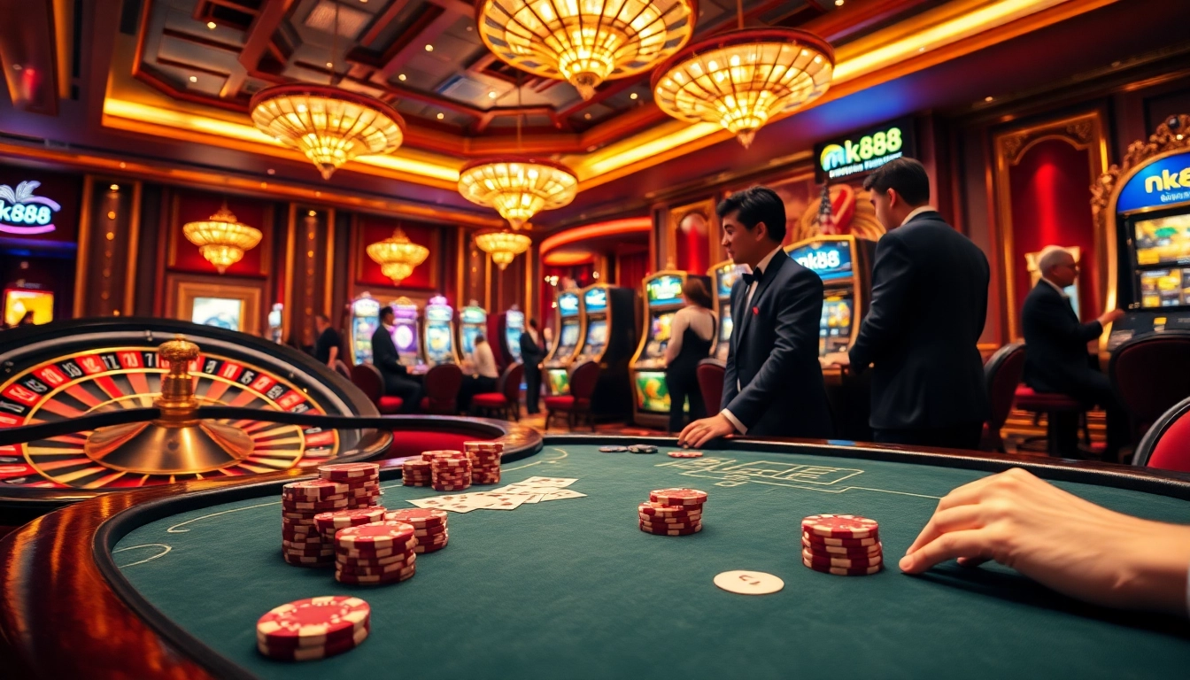 Exciting casino experience at nk88 with vibrant poker chips and cards, players engaged.