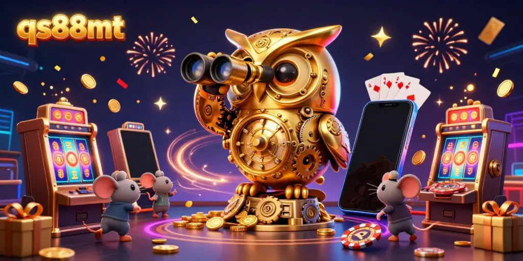 Experience thrilling games at qs88mt, featuring vibrant slot machines and a whimsical golden owl on a grand casino floor.