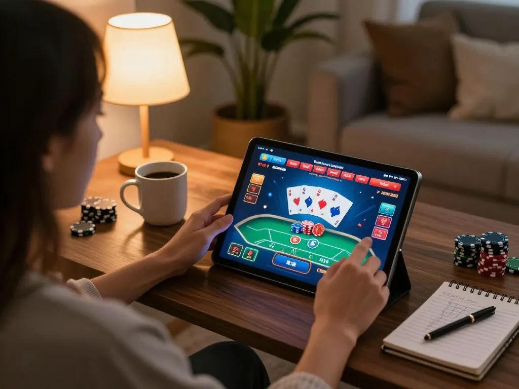 Player using tablet for SC 88 casino gaming with vibrant poker interface and strategy notes