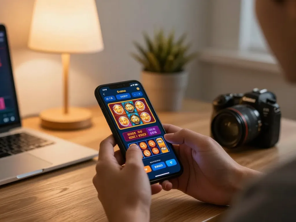 Engaging in online gaming at https://tg88.golf/ with smartphone showcasing colorful casino games.