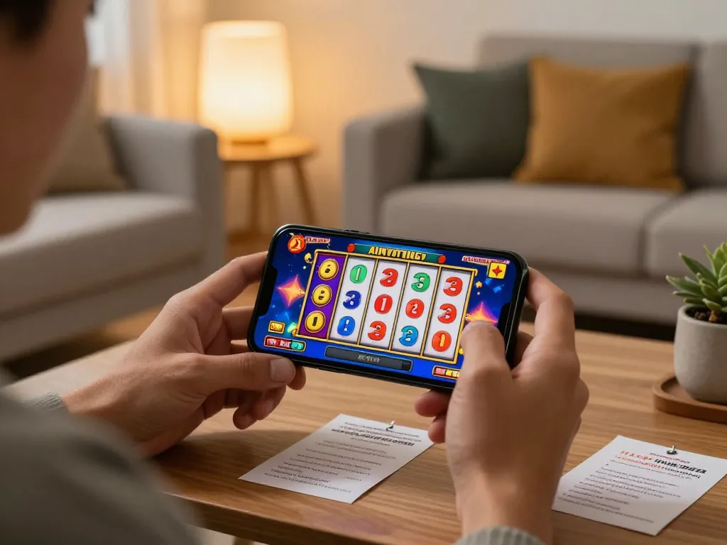 Experience nk88 online gaming excitement with a player spinning vibrant slot reels on their smartphone.