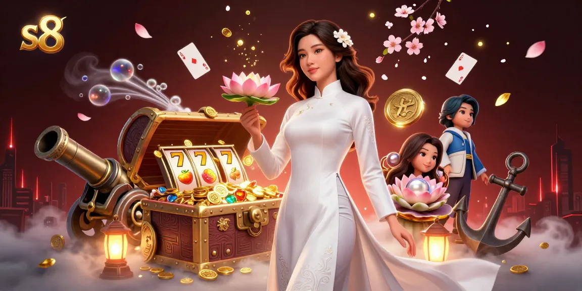 S8 casino adventure featuring a stunning Asian woman in traditional ao dai, engaging with lively gaming elements.