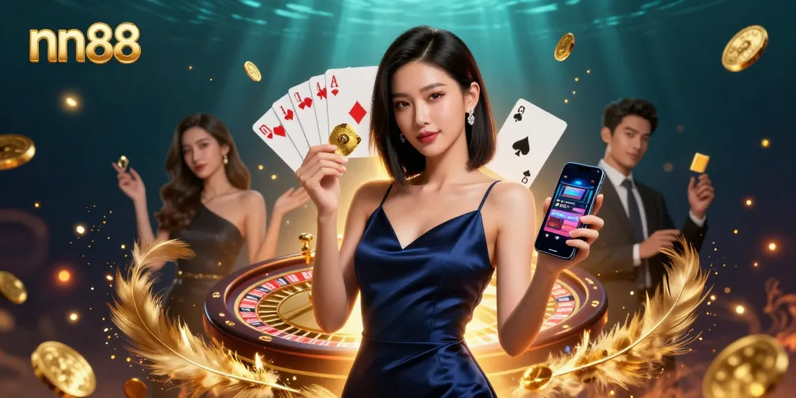 Engage in thrilling gaming experiences at nn88 with a confident player holding a casino app and golden chip.
