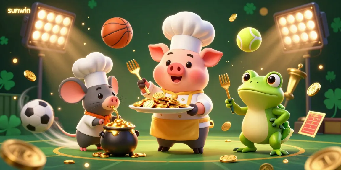 Experience the excitement at sunwin with a vibrant 3D cartoon scene of characters serving golden coins among dynamic sports elements.