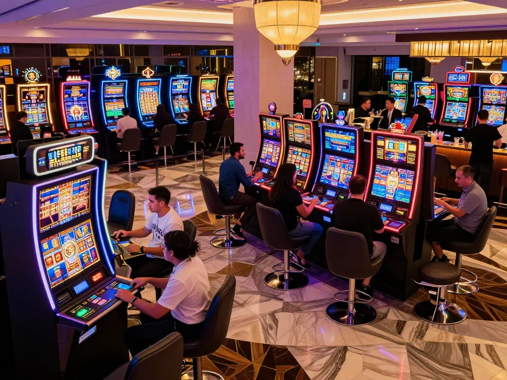 Players enjoying vibrant slot machines at the 8EEE plataforma casino.