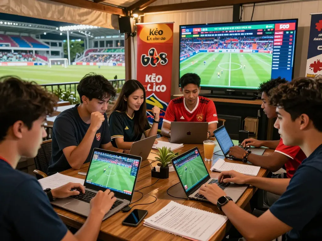 Engaged sports enthusiasts analyzing kèo nhà cái betting odds in a vibrant atmosphere with digital devices and football stats.