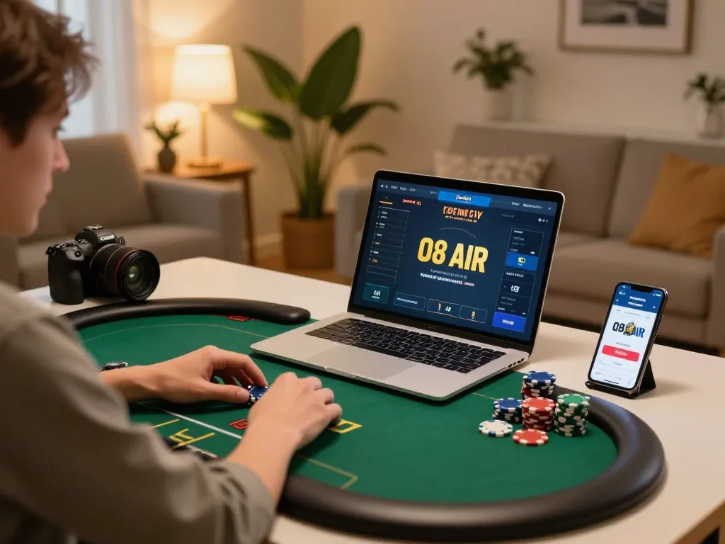 Player engaging with O8 HAIR online casino app at a stylish home gaming setup