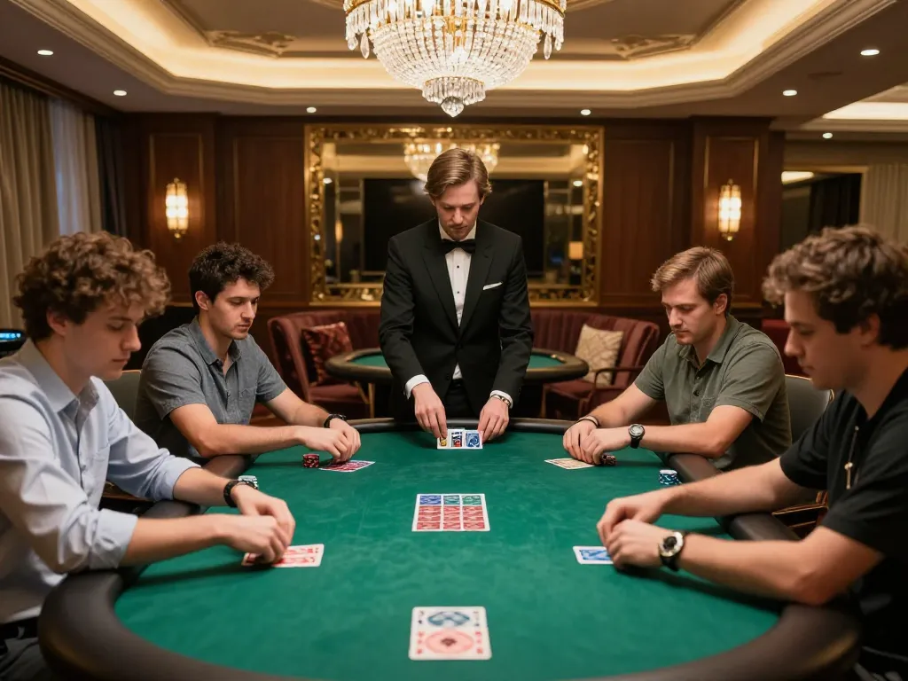Sky88 players engaging in high-stakes poker with intense focus, showcasing luxury gaming environment