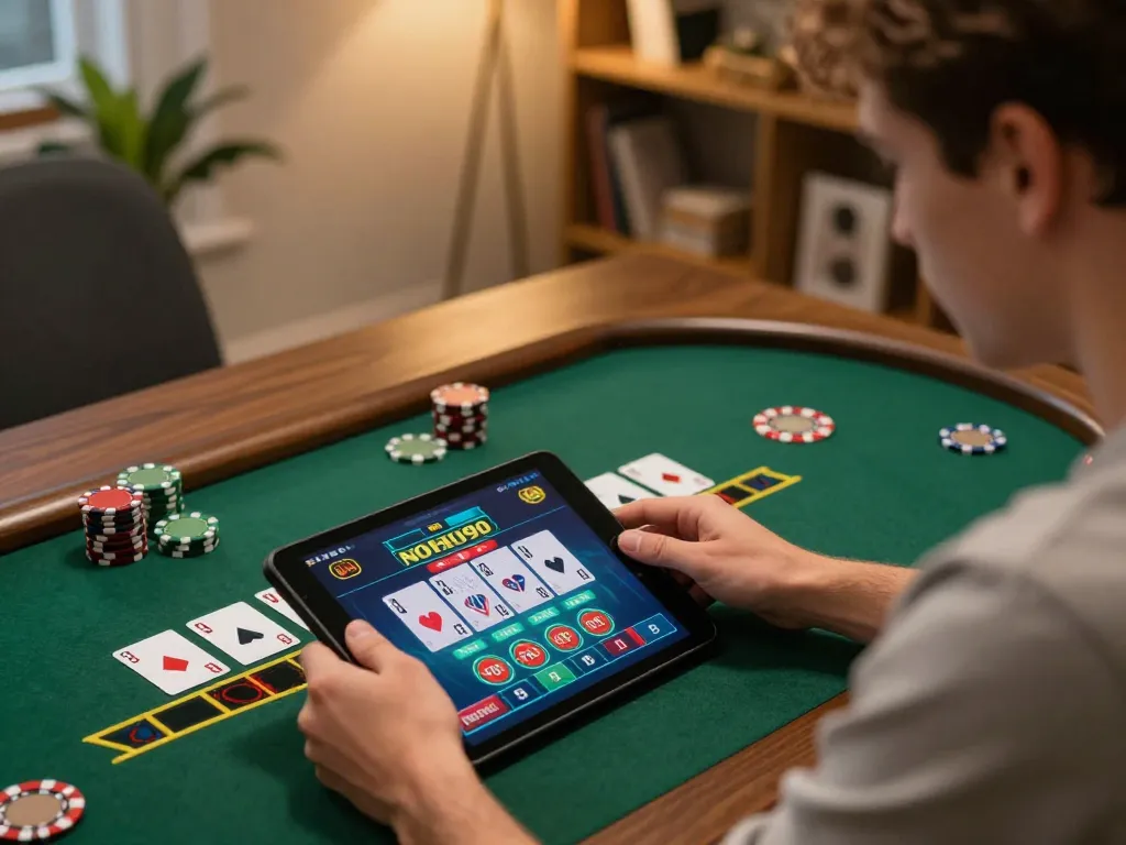 Engaged player strategizing blackjack gameplay on NOHU90 platform using tablet at home.