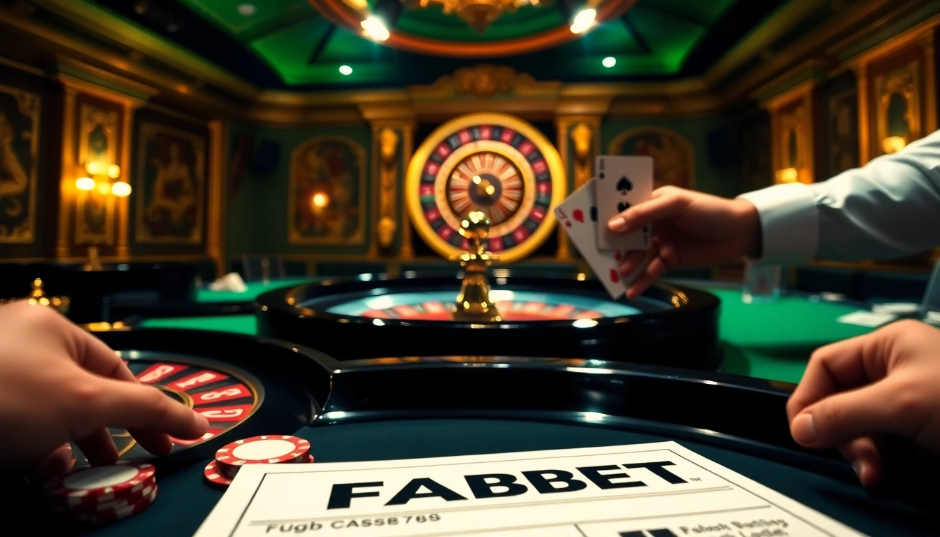 Experience the excitement of FABET with vibrant casino games highlighting poker chips and roulette.