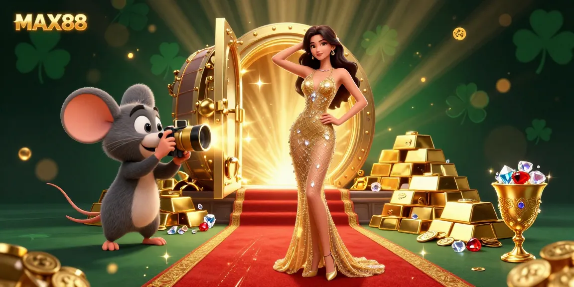 Experience MAX88's thrilling casino atmosphere with stunning visuals of a glamorous figure amidst gold treasures and excitement.