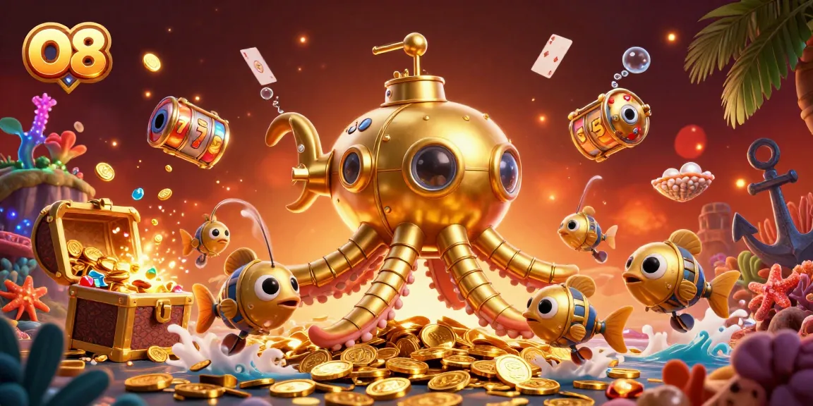 Engage with O8's thrilling gaming adventures featuring a submarine among golden coins and slot reels.