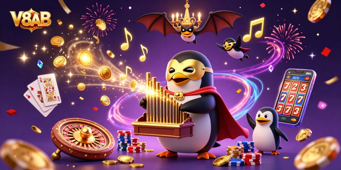 Engage with V8AB's thrilling gaming atmosphere, featuring colorful casino elements and characters.