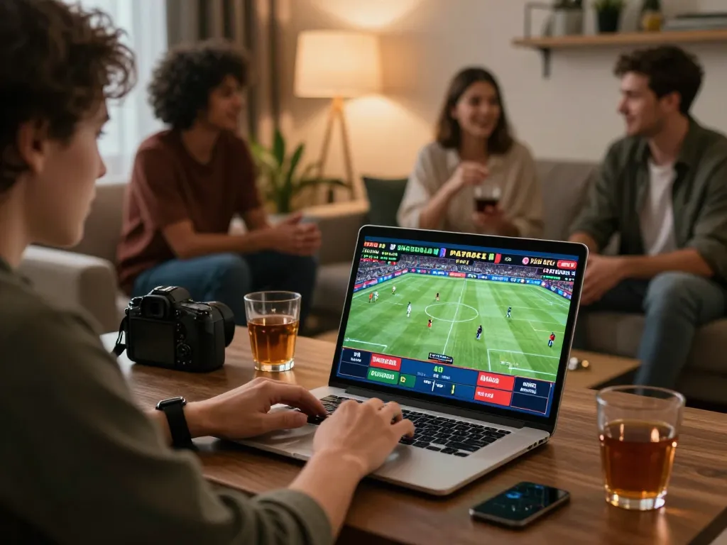 rr88 sports betting setup with friends engaged in strategy discussions at home.