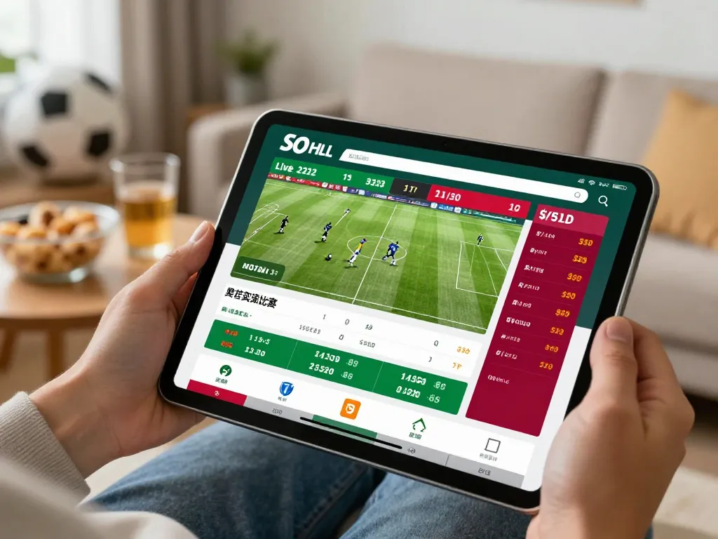 Engaging sports betting action on resultsfootball scores displayed on a tablet in a cozy home setting.