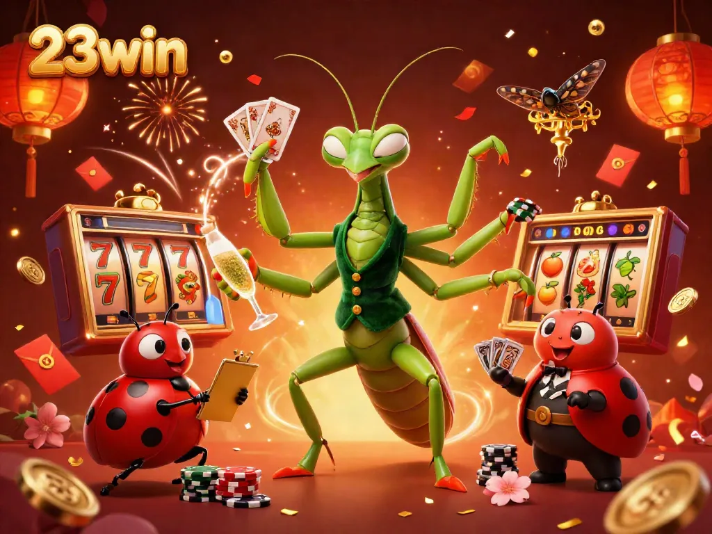 Engage with 23win's vibrant online slots atmosphere in this lively casino scene featuring unique cartoon characters and dynamic game elements.