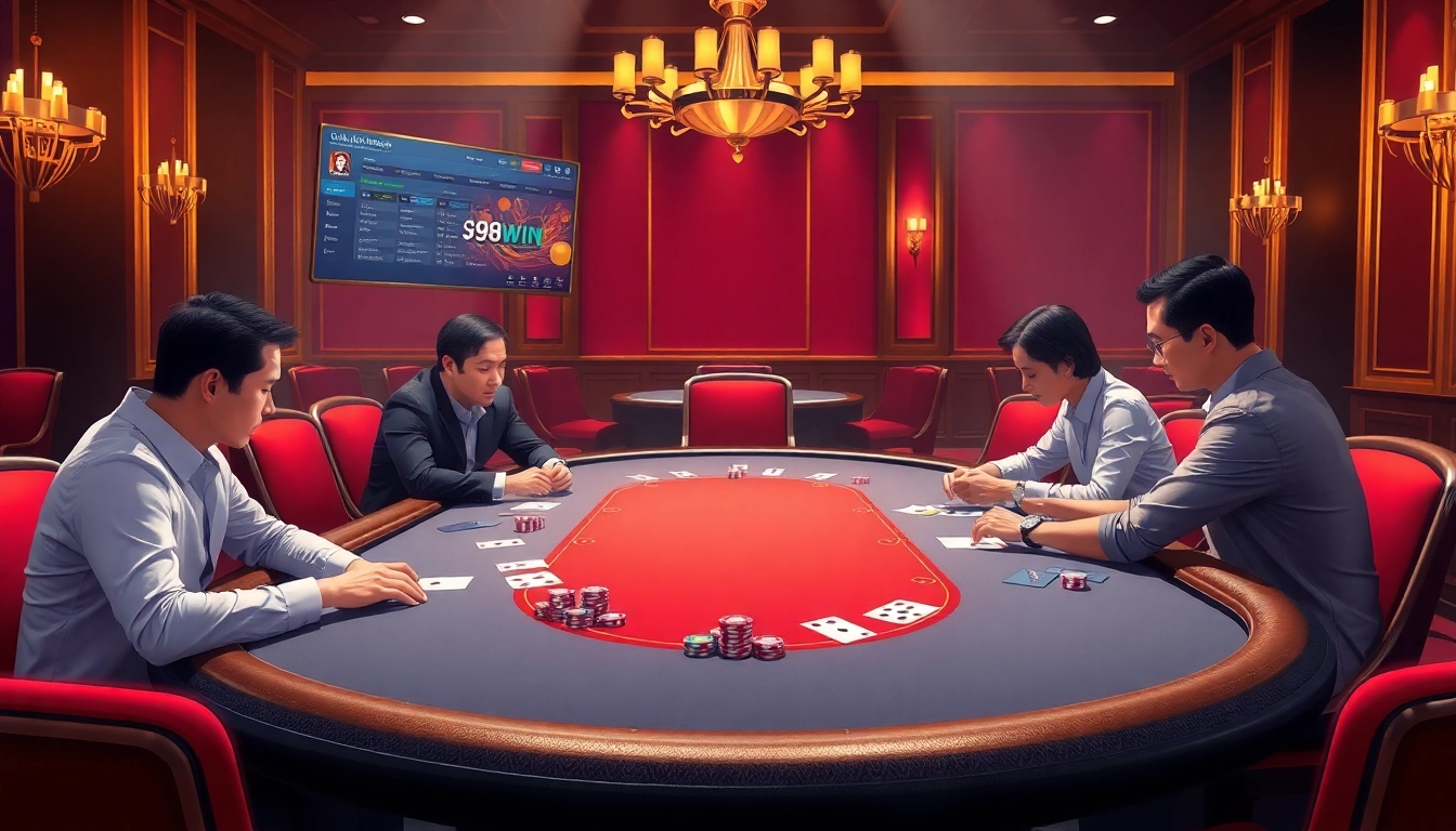 Exciting casino atmosphere showcasing link 98win with poker players and vibrant gaming elements.