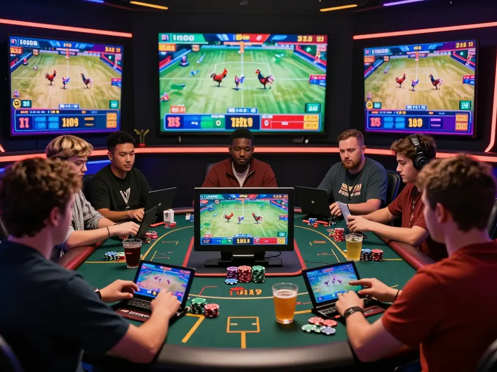 Online gambling action at bl555 platform with players engaged in cockfighting bets and vibrant digital displays.