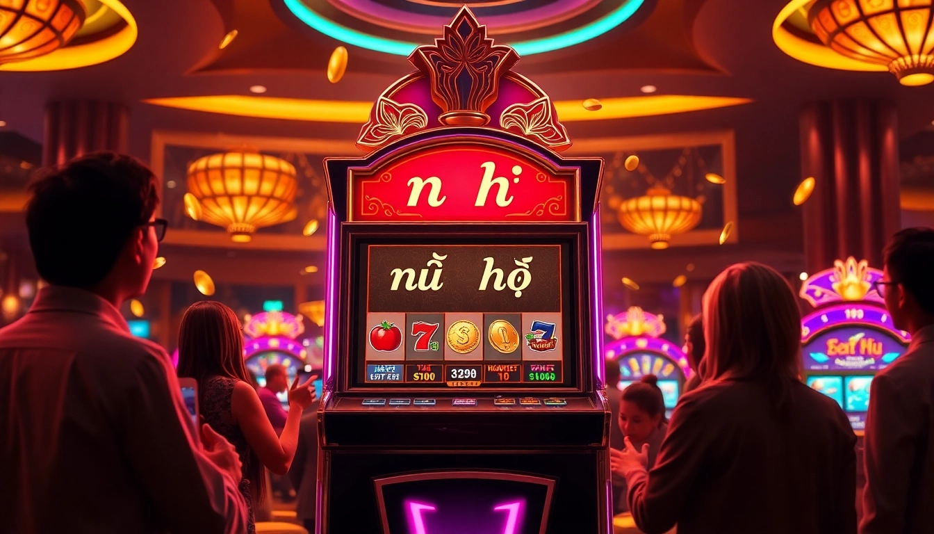 Experience the thrill of nổ hũ with an exciting casino slot machine surrounded by vibrant lights.