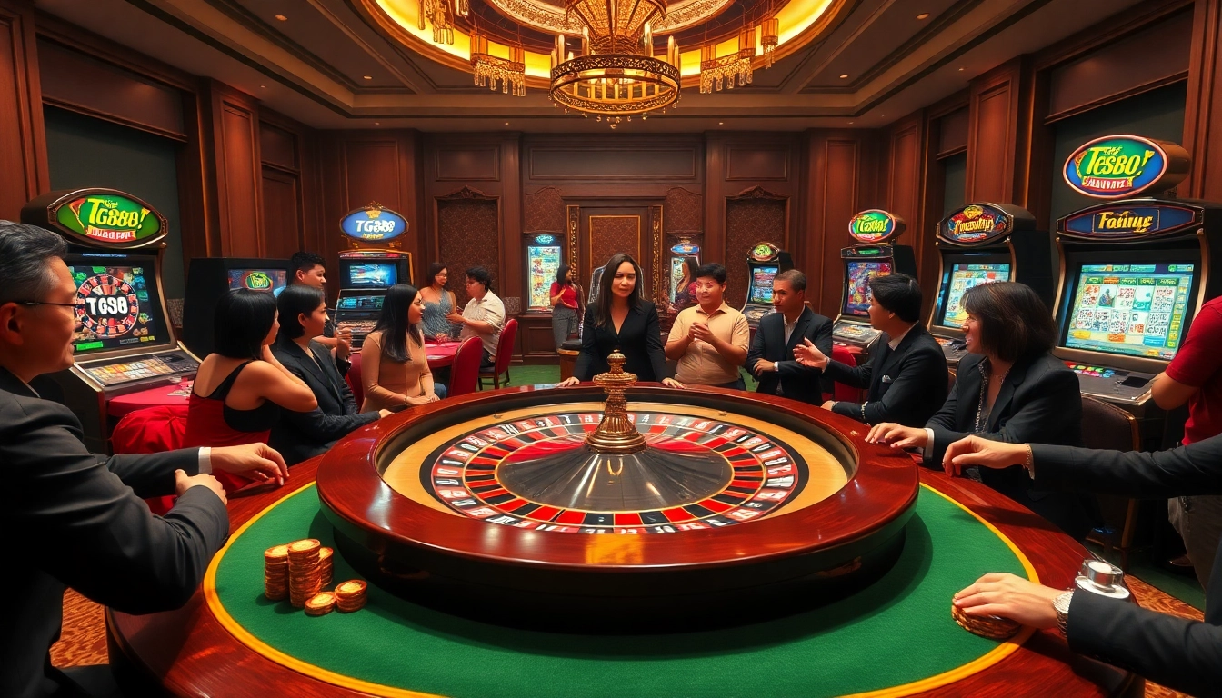 Experience excitement at the tg88 group casino with luxurious gaming tables and vibrant slot machines.