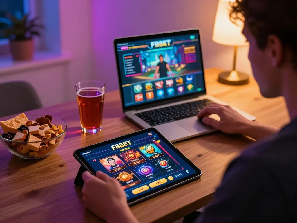 Engaged player exploring gaming options on F8BET online casino from a cozy home setup.
