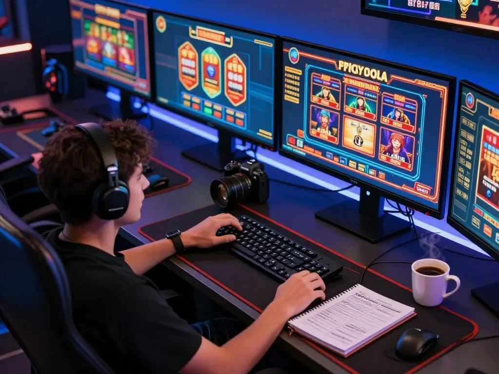Playing FLY 88 online casino games in a stylish modern workspace, showcasing vibrant graphics