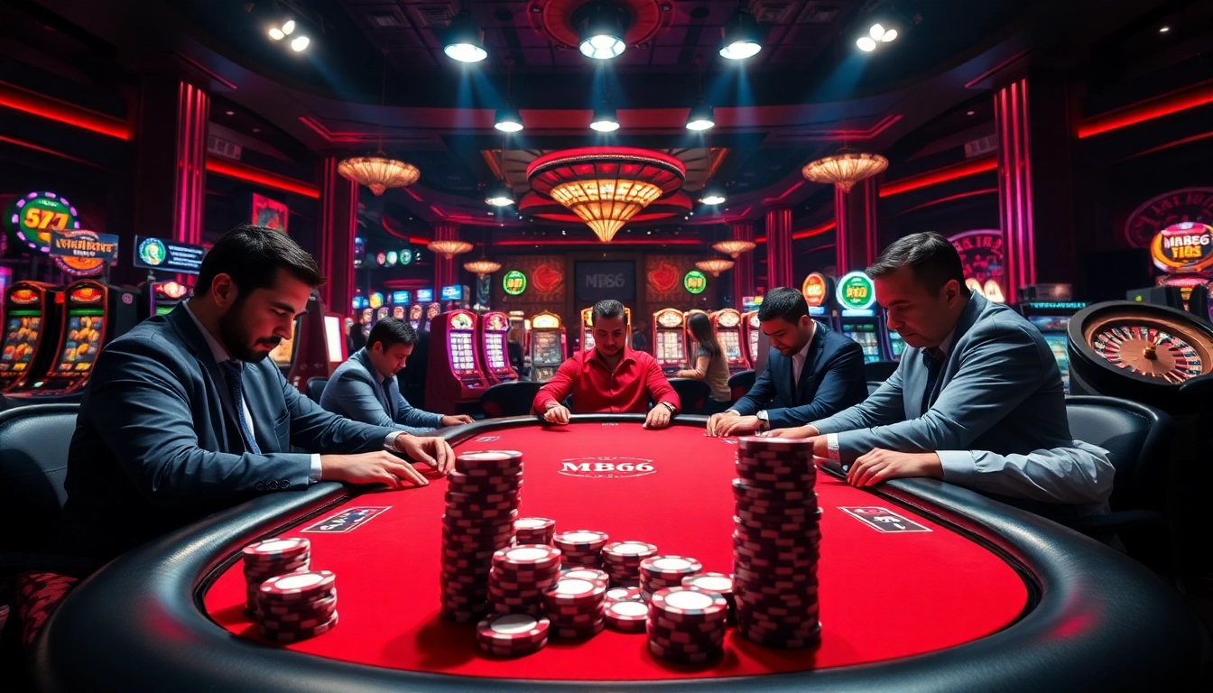 Engaged players at an MB66 poker table in a luxurious casino atmosphere.