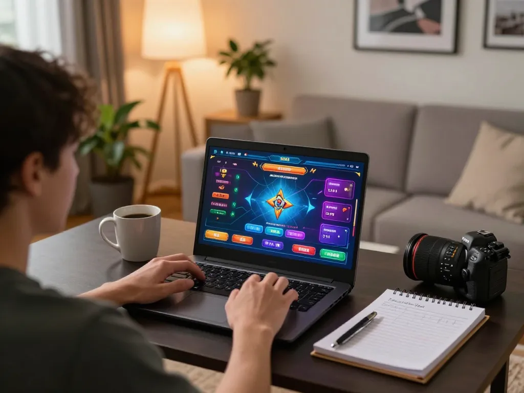 Engaging online gaming session at nhà cái fly88 on a laptop in a cozy home setting, showcasing strategy notes and a vibrant game interface.