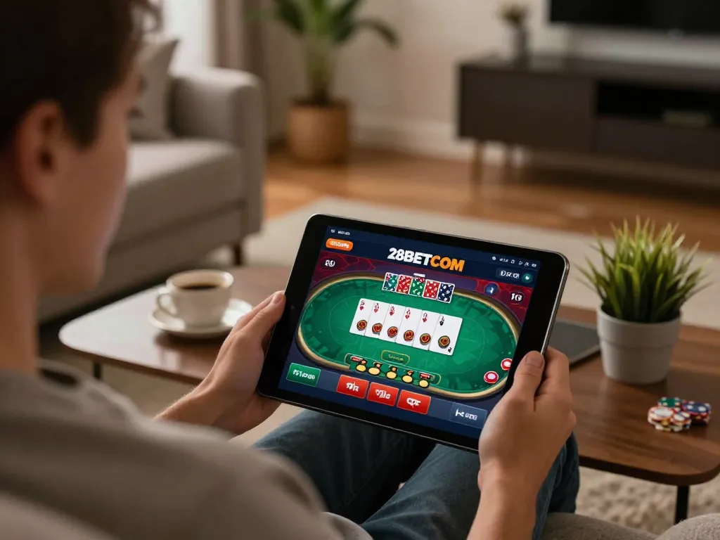 A player engaging with the 28BETCOM casino app on a tablet, immersed in a poker game at home